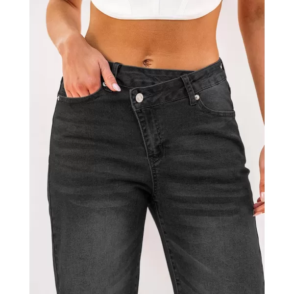 GRAPENT Baggy Jeans for Women High Waisted Straight Leg Crossover Trendy Stretch Denim Pants Slouchy Jeans with PocketsFaded Black