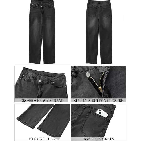 GRAPENT Baggy Jeans for Women High Waisted Straight Leg Crossover Trendy Stretch Denim Pants Slouchy Jeans with PocketsFaded Black
