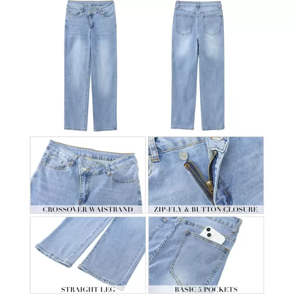 GRAPENT Baggy Jeans for Women High Waisted Straight Leg Crossover Trendy Stretch Denim Pants Slouchy Jeans with PocketsLakeside Blue