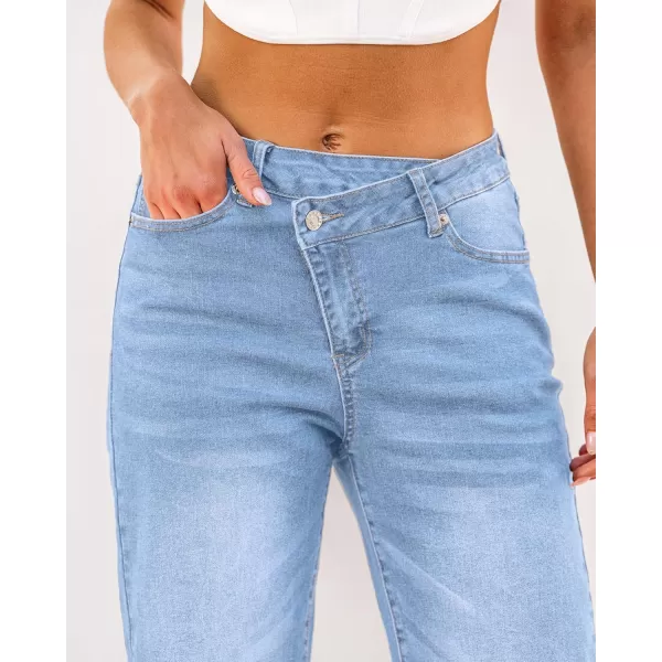 GRAPENT Baggy Jeans for Women High Waisted Straight Leg Crossover Trendy Stretch Denim Pants Slouchy Jeans with PocketsLakeside Blue