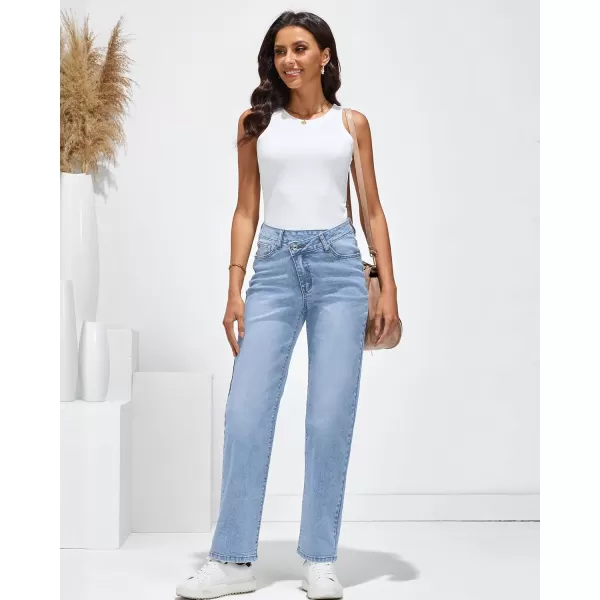 GRAPENT Baggy Jeans for Women High Waisted Straight Leg Crossover Trendy Stretch Denim Pants Slouchy Jeans with PocketsLakeside Blue