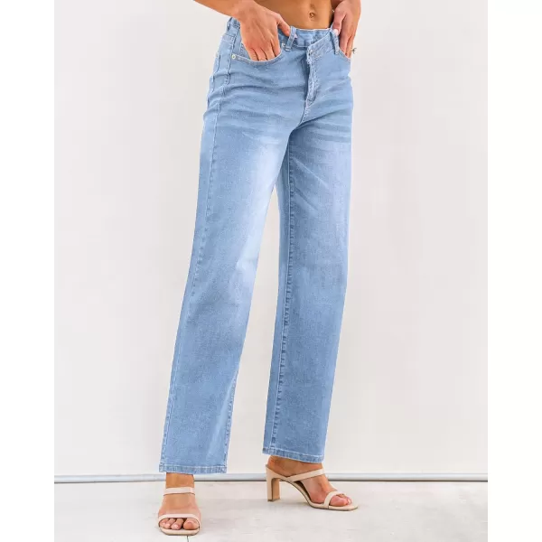 GRAPENT Baggy Jeans for Women High Waisted Straight Leg Crossover Trendy Stretch Denim Pants Slouchy Jeans with PocketsLakeside Blue
