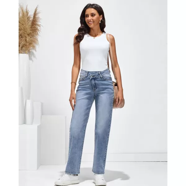 GRAPENT Baggy Jeans for Women High Waisted Straight Leg Crossover Trendy Stretch Denim Pants Slouchy Jeans with PocketsLapis Blue