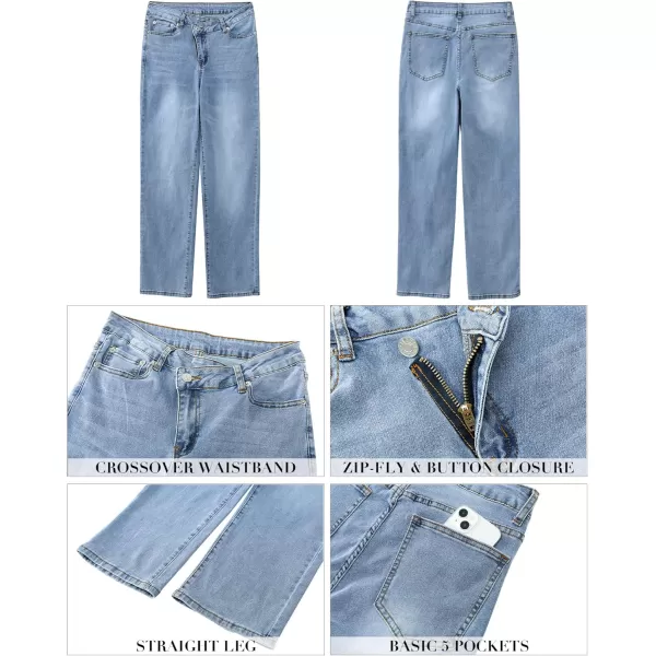GRAPENT Baggy Jeans for Women High Waisted Straight Leg Crossover Trendy Stretch Denim Pants Slouchy Jeans with PocketsLapis Blue