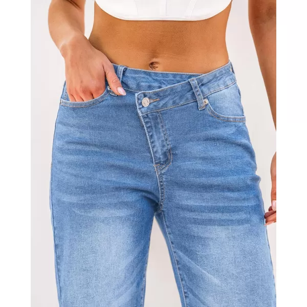GRAPENT Baggy Jeans for Women High Waisted Straight Leg Crossover Trendy Stretch Denim Pants Slouchy Jeans with PocketsMedium Blue