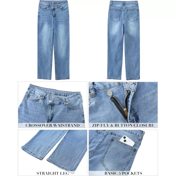 GRAPENT Baggy Jeans for Women High Waisted Straight Leg Crossover Trendy Stretch Denim Pants Slouchy Jeans with PocketsMedium Blue