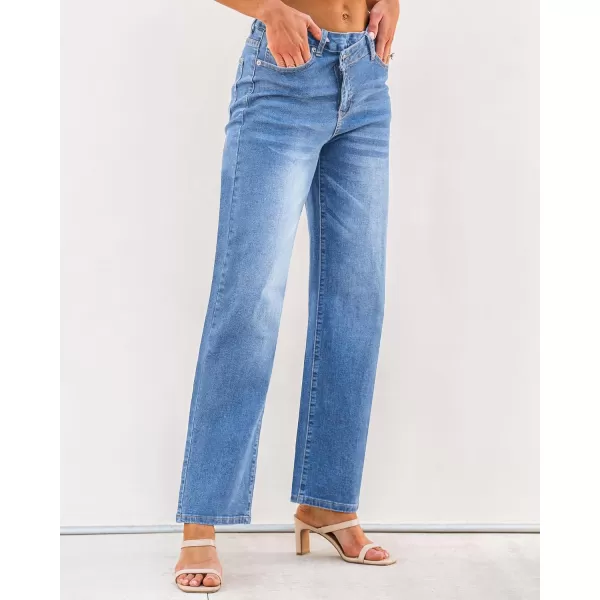GRAPENT Baggy Jeans for Women High Waisted Straight Leg Crossover Trendy Stretch Denim Pants Slouchy Jeans with PocketsMedium Blue