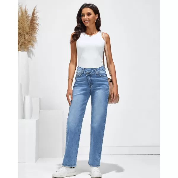GRAPENT Baggy Jeans for Women High Waisted Straight Leg Crossover Trendy Stretch Denim Pants Slouchy Jeans with PocketsMedium Blue