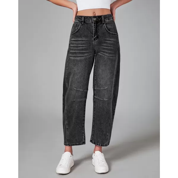 GRAPENT Barrel Jeans for Women Trendy High Waisted Wide Leg Baggy Cropped Relax Fit Stretch Denim Trouser Ankle PantsFaded Black