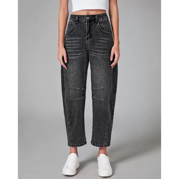 GRAPENT Barrel Jeans for Women Trendy High Waisted Wide Leg Baggy Cropped Relax Fit Stretch Denim Trouser Ankle PantsFaded Black