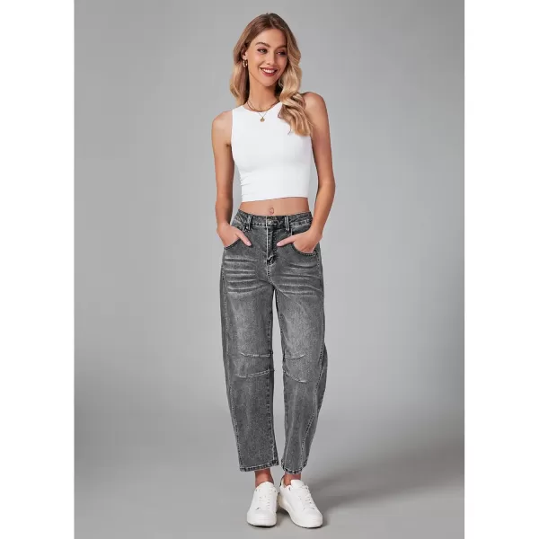GRAPENT Barrel Jeans for Women Trendy High Waisted Wide Leg Baggy Cropped Relax Fit Stretch Denim Trouser Ankle PantsFoxy Gray