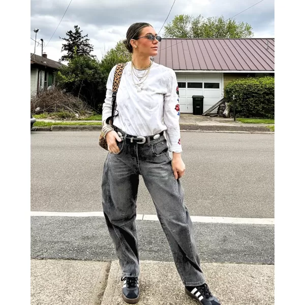 GRAPENT Barrel Jeans for Women Trendy High Waisted Wide Leg Baggy Cropped Relax Fit Stretch Denim Trouser Ankle PantsFoxy Gray