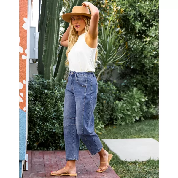 GRAPENT Barrel Jeans for Women Trendy High Waisted Wide Leg Baggy Cropped Relax Fit Stretch Denim Trouser Ankle PantsMedium Blue