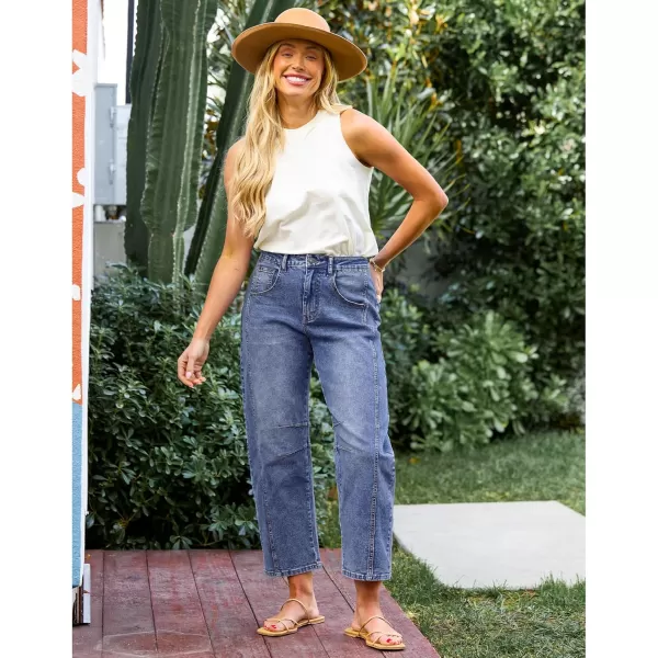 GRAPENT Barrel Jeans for Women Trendy High Waisted Wide Leg Baggy Cropped Relax Fit Stretch Denim Trouser Ankle PantsMedium Blue