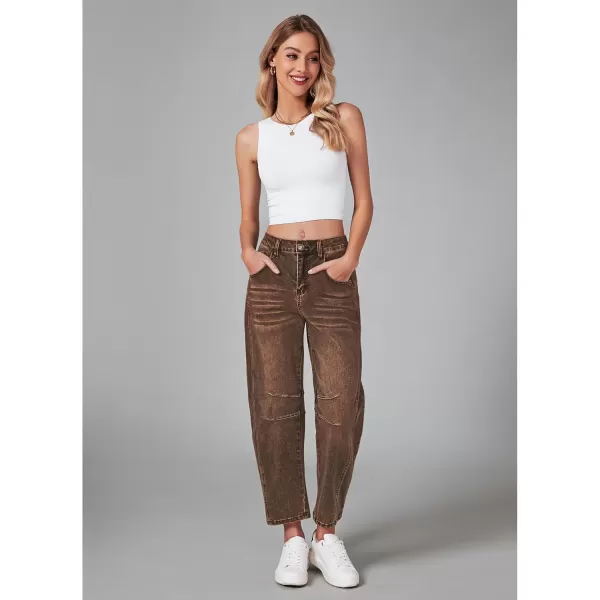 GRAPENT Barrel Jeans for Women Trendy High Waisted Wide Leg Baggy Cropped Relax Fit Stretch Denim Trouser Ankle PantsRoot Beer