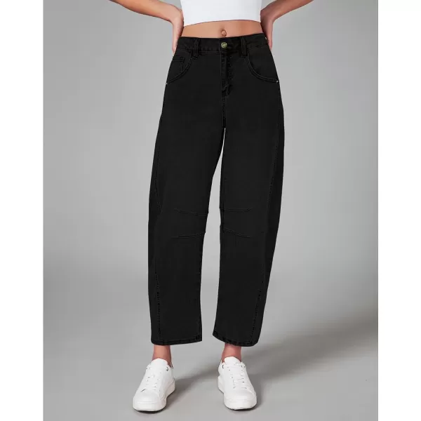 GRAPENT Barrel Jeans for Women Trendy High Waisted Wide Leg Baggy Cropped Relax Fit Stretch Denim Trouser Ankle PantsTrue Black