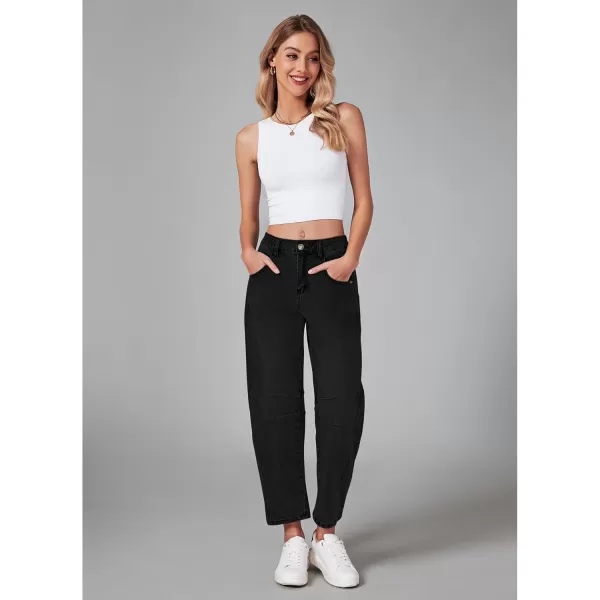 GRAPENT Barrel Jeans for Women Trendy High Waisted Wide Leg Baggy Cropped Relax Fit Stretch Denim Trouser Ankle PantsTrue Black