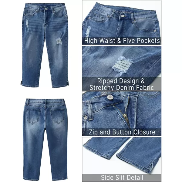 GRAPENT Capris Jeans for Women High Waisted Stretchy Ripped Skinny Denim Capri Pants Distressed Cropped Jeggings CasualClassic Blue