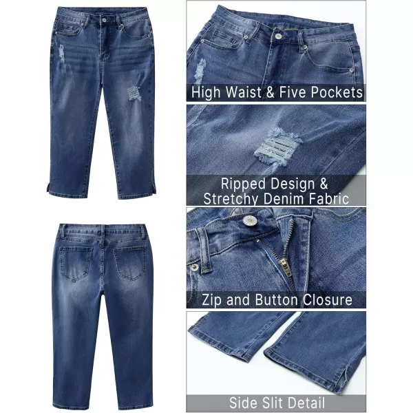 GRAPENT Capris Jeans for Women High Waisted Stretchy Ripped Skinny Denim Capri Pants Distressed Cropped Jeggings CasualDark Blue