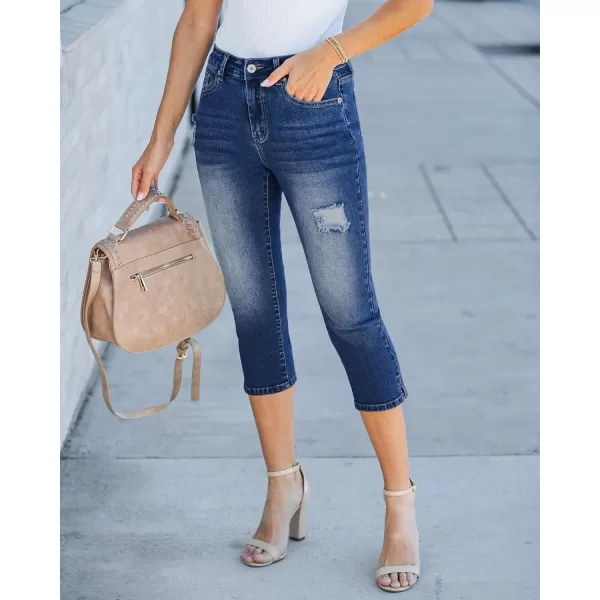 GRAPENT Capris Jeans for Women High Waisted Stretchy Ripped Skinny Denim Capri Pants Distressed Cropped Jeggings CasualDark Blue