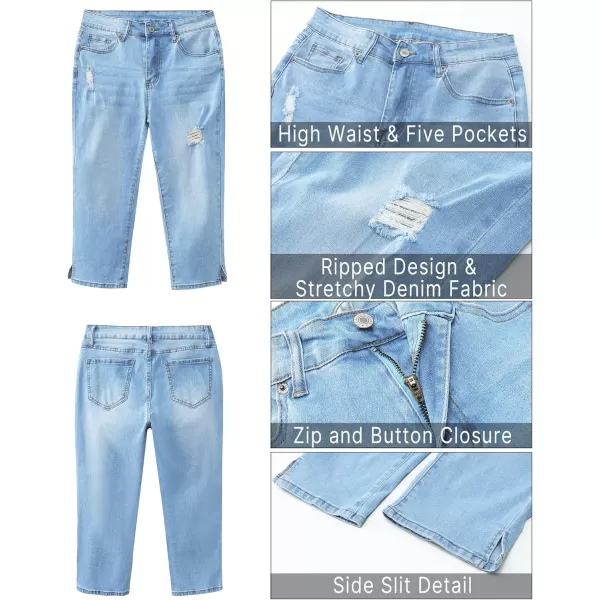 GRAPENT Capris Jeans for Women High Waisted Stretchy Ripped Skinny Denim Capri Pants Distressed Cropped Jeggings CasualLakeside Blue