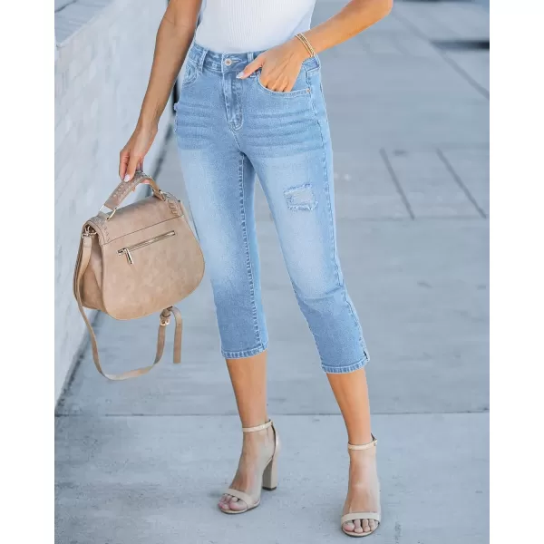 GRAPENT Capris Jeans for Women High Waisted Stretchy Ripped Skinny Denim Capri Pants Distressed Cropped Jeggings CasualLakeside Blue