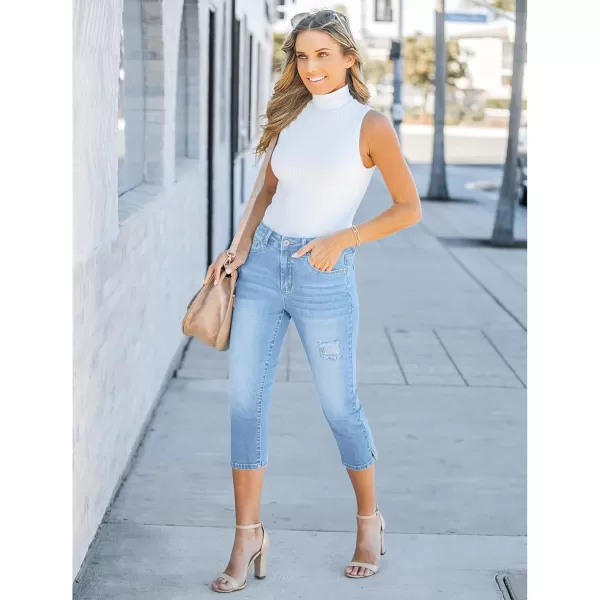 GRAPENT Capris Jeans for Women High Waisted Stretchy Ripped Skinny Denim Capri Pants Distressed Cropped Jeggings CasualLakeside Blue