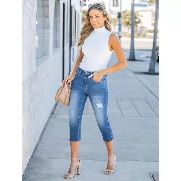 GRAPENT Capris Jeans for Women High Waisted Stretchy Ripped Skinny Denim Capri Pants Distressed Cropped Jeggings CasualMedium Blue