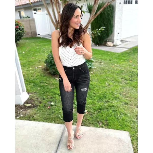 GRAPENT Capris Jeans for Women High Waisted Stretchy Ripped Skinny Denim Capri Pants Distressed Cropped Jeggings CasualWashed Black