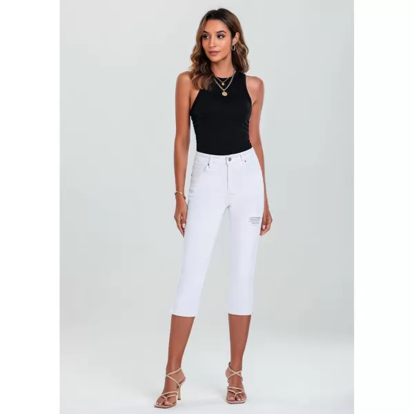 GRAPENT Capris Jeans for Women High Waisted Stretchy Ripped Skinny Denim Capri Pants Distressed Cropped Jeggings CasualWhite