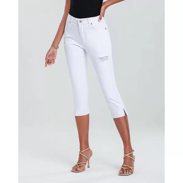 GRAPENT Capris Jeans for Women High Waisted Stretchy Ripped Skinny Denim Capri Pants Distressed Cropped Jeggings CasualWhite