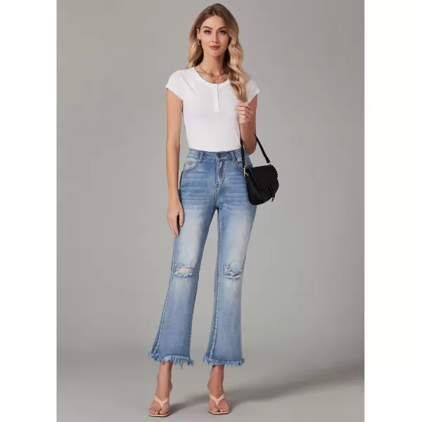 GRAPENT Flare Jeans for Women Trendy High Waisted Cropped Ripped Jeans Wide Leg Stretchy Denim Ankle Pants Raw Hem JeansBay Blue