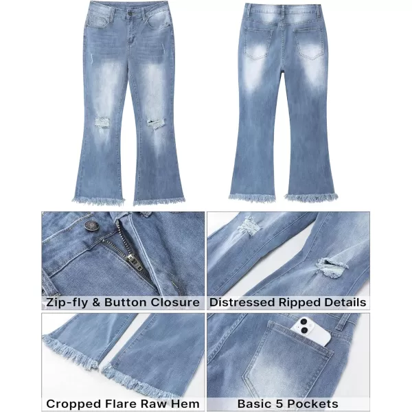 GRAPENT Flare Jeans for Women Trendy High Waisted Cropped Ripped Jeans Wide Leg Stretchy Denim Ankle Pants Raw Hem JeansBay Blue
