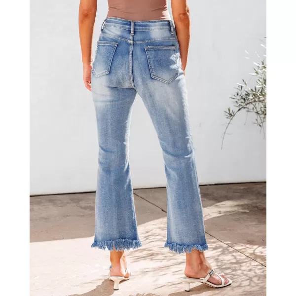 GRAPENT Flare Jeans for Women Trendy High Waisted Cropped Ripped Jeans Wide Leg Stretchy Denim Ankle Pants Raw Hem JeansBay Blue