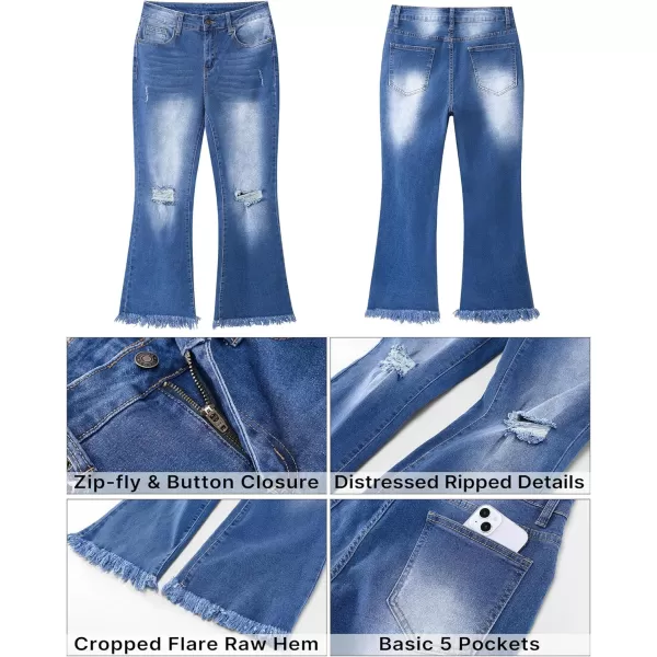 GRAPENT Flare Jeans for Women Trendy High Waisted Cropped Ripped Jeans Wide Leg Stretchy Denim Ankle Pants Raw Hem JeansClassic Blue