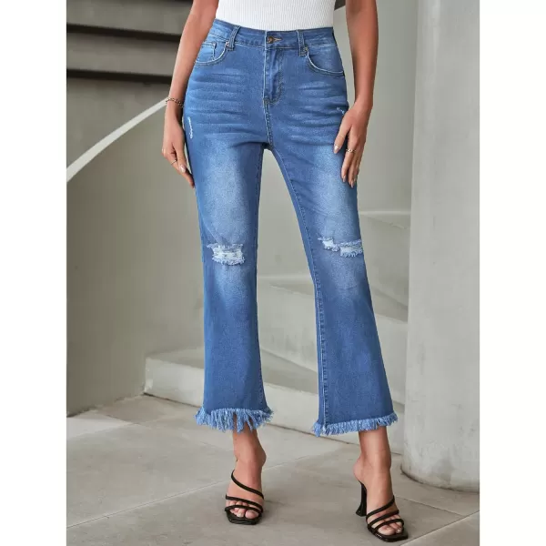 GRAPENT Flare Jeans for Women Trendy High Waisted Cropped Ripped Jeans Wide Leg Stretchy Denim Ankle Pants Raw Hem JeansClassic Blue