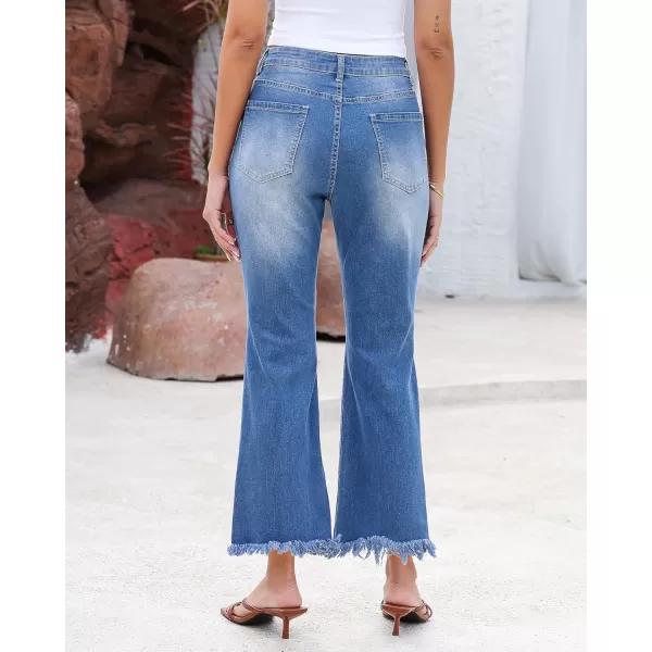 GRAPENT Flare Jeans for Women Trendy High Waisted Cropped Ripped Jeans Wide Leg Stretchy Denim Ankle Pants Raw Hem JeansClassic Blue