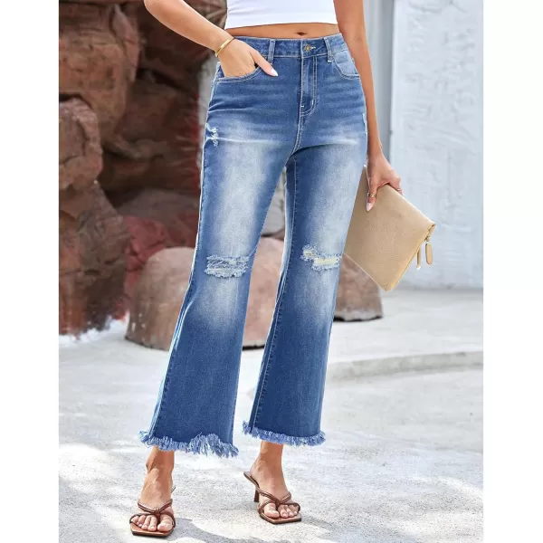 GRAPENT Flare Jeans for Women Trendy High Waisted Cropped Ripped Jeans Wide Leg Stretchy Denim Ankle Pants Raw Hem JeansClassic Blue