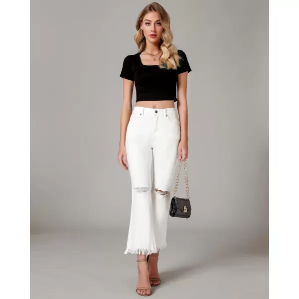 GRAPENT Flare Jeans for Women Trendy High Waisted Cropped Ripped Jeans Wide Leg Stretchy Denim Ankle Pants Raw Hem JeansIvory White