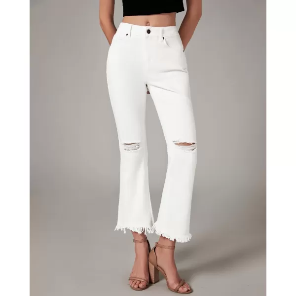GRAPENT Flare Jeans for Women Trendy High Waisted Cropped Ripped Jeans Wide Leg Stretchy Denim Ankle Pants Raw Hem JeansIvory White