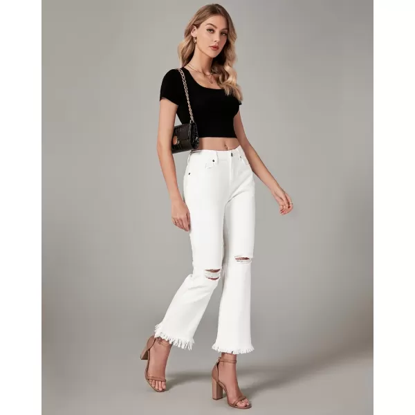 GRAPENT Flare Jeans for Women Trendy High Waisted Cropped Ripped Jeans Wide Leg Stretchy Denim Ankle Pants Raw Hem JeansIvory White
