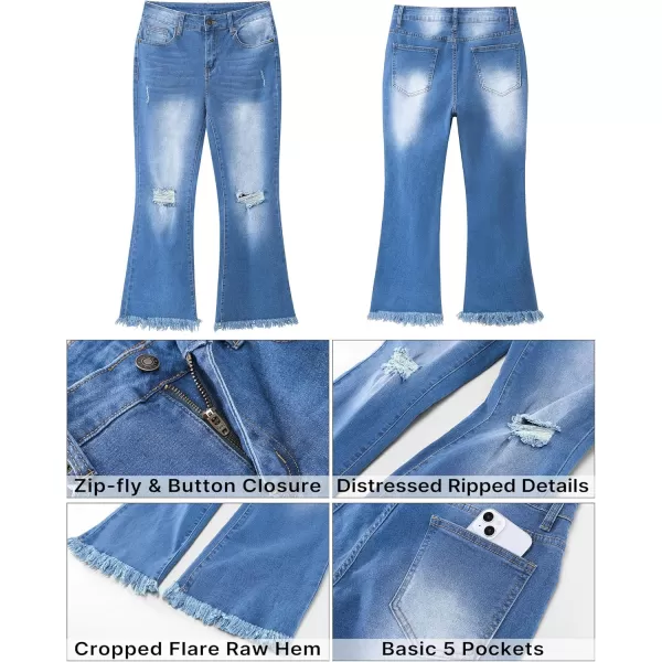 GRAPENT Flare Jeans for Women Trendy High Waisted Cropped Ripped Jeans Wide Leg Stretchy Denim Ankle Pants Raw Hem JeansMedium Blue