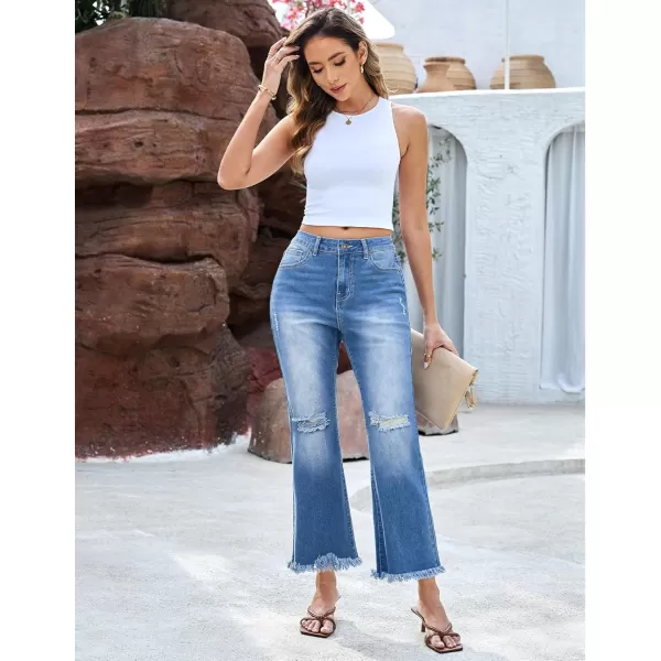 GRAPENT Flare Jeans for Women Trendy High Waisted Cropped Ripped Jeans Wide Leg Stretchy Denim Ankle Pants Raw Hem JeansMedium Blue