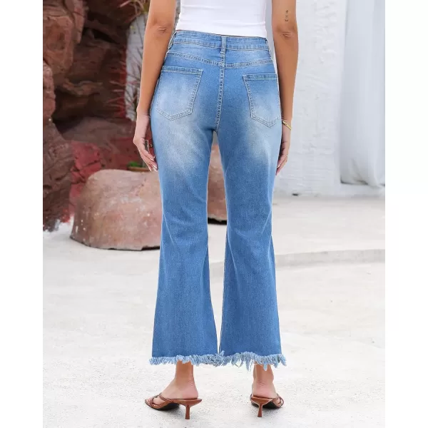 GRAPENT Flare Jeans for Women Trendy High Waisted Cropped Ripped Jeans Wide Leg Stretchy Denim Ankle Pants Raw Hem JeansMedium Blue