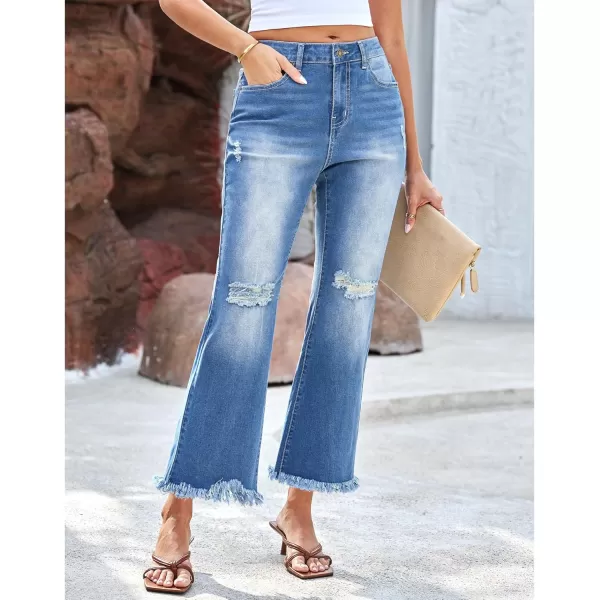 GRAPENT Flare Jeans for Women Trendy High Waisted Cropped Ripped Jeans Wide Leg Stretchy Denim Ankle Pants Raw Hem JeansMedium Blue