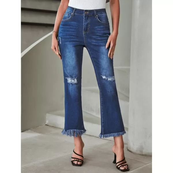 GRAPENT Flare Jeans for Women Trendy High Waisted Cropped Ripped Jeans Wide Leg Stretchy Denim Ankle Pants Raw Hem JeansNightfall Blue