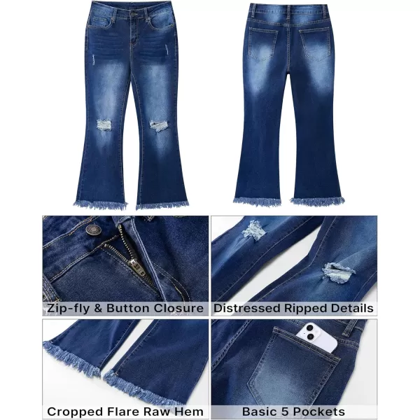 GRAPENT Flare Jeans for Women Trendy High Waisted Cropped Ripped Jeans Wide Leg Stretchy Denim Ankle Pants Raw Hem JeansNightfall Blue