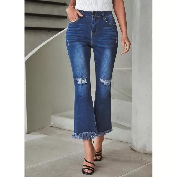 GRAPENT Flare Jeans for Women Trendy High Waisted Cropped Ripped Jeans Wide Leg Stretchy Denim Ankle Pants Raw Hem JeansNightfall Blue