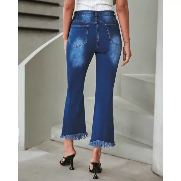 GRAPENT Flare Jeans for Women Trendy High Waisted Cropped Ripped Jeans Wide Leg Stretchy Denim Ankle Pants Raw Hem JeansNightfall Blue