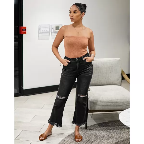 GRAPENT Flare Jeans for Women Trendy High Waisted Cropped Ripped Jeans Wide Leg Stretchy Denim Ankle Pants Raw Hem JeansWashed Black